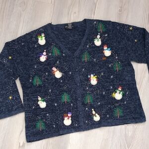 Hampshire Studio 2x Festive Snowman and Tree Cardigan Beaded Embroidery Christma